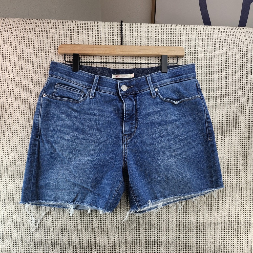 Levis 525 Jean Shorts Womens 12 Blue Denim Perfect Waist Straight Cutoff Raw Hem